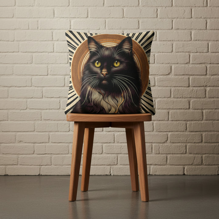 Photographie professionnelle qualité studio, d'un coussin disposé sur un tabouret style japandi en bois d'acacia vernis disposé contre un mur de brique beige neutre, sol en béton ciré gris foncé.