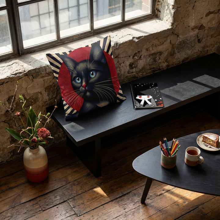 Photographie d’intérieur décoration de loft, sur une banquette en bois noir, orné de coussins mzelle design motif chat noir moderne, sous une fenêtre industrielle, adossé au mur brut en vieilles pierres, sol en bois ancien irrégulier, une table basse triangulaire en bois noir, orné d'un carnet, d'un pot à crayons de couleurs, une tasse de thé.