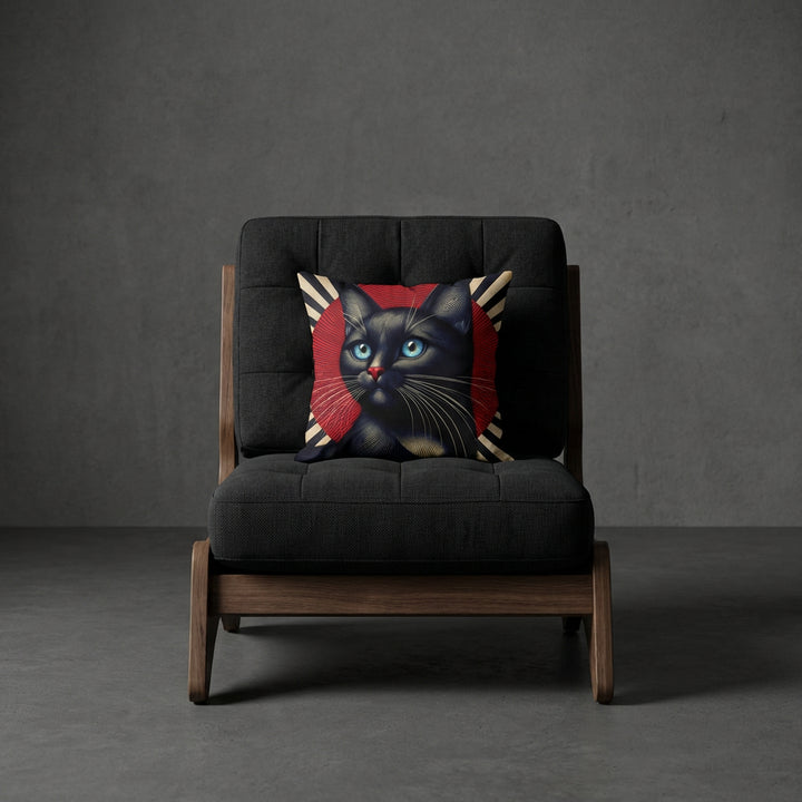 photographie professionnelle de mobilier de décoration, un fauteuil épuré de style crapaud noir capitonné avec un coussin mzelle design motif chat moderne posé dessus, placé dans un décor neutre.
