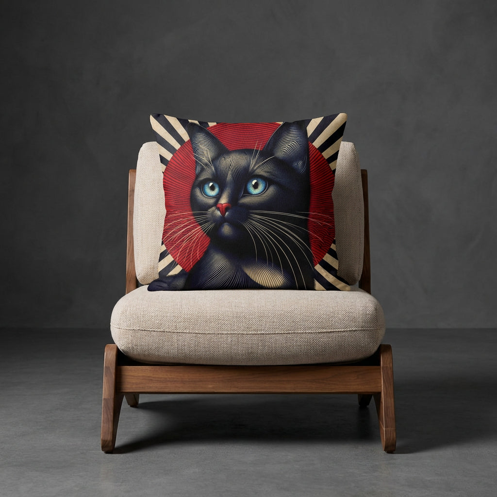 photographie professionnelle de mobilier de décoration, un fauteuil épuré de style crapaud écru capitonné avec un coussin mzelle design motif chat moderne posé dessus, placé dans un décor neutre.
