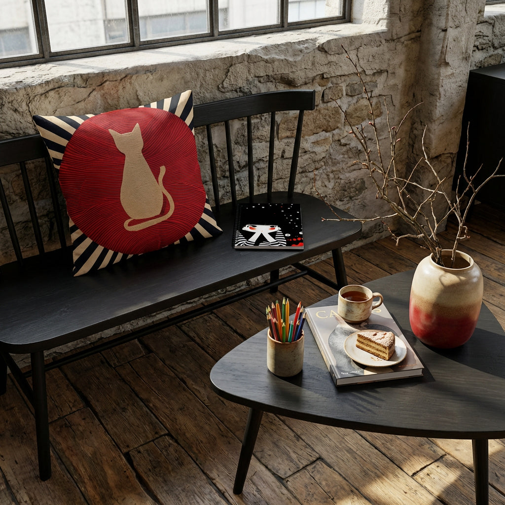Photographie d’intérieur décoration de loft, sur une banquette en bois noir, orné de coussins mzelle design motif chat noir moderne, sous une fenêtre industrielle, adossé au mur brut en vieilles pierres, sol en bois ancien irrégulier, une table basse triangulaire en bois noir, orné d'un carnet, d'un pot à crayons de couleurs, une tasse de thé.