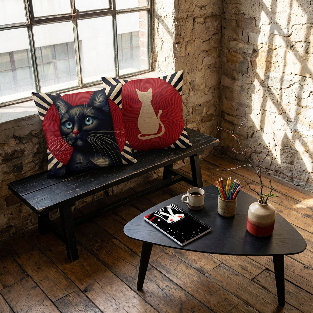 Photographie d’intérieur décoration de loft, sur une banquette en bois noir, orné de coussins mzelle design motif chat noir moderne, sous une fenêtre industrielle, adossé au mur brut en vieilles pierres, sol en bois ancien irrégulier, une table basse triangulaire en bois noir, orné d'un carnet, d'un pot à crayons de couleurs, une tasse de thé.