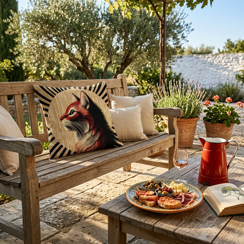 Photo professionnelle de décoration terrasse d'une maison  ambiance french riviera,  banc en chêne rustique orné d'un coussin imprimé chat mzelle design , table basse rustique assortie, garni de tapas et pichet vintage en émail rouge, livre, aperçu du jardin Atmosphère estivale invitante et haut de gamme.