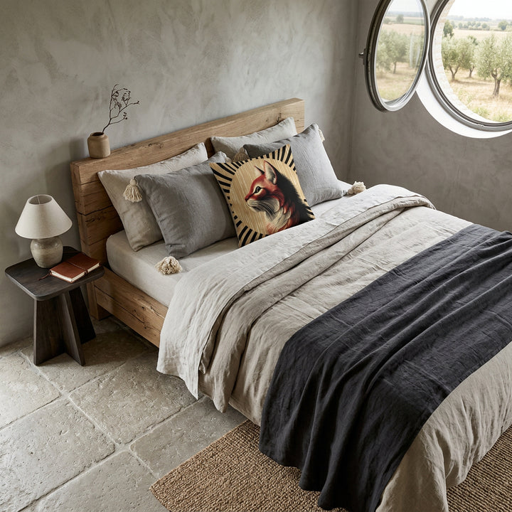 Photo professionnelle de décoration d'intérieur,  lit en chêne massif blanchi orné d'un large coussin mzelle design motif chat, soigneusement disposé contre 2 gris à pompons écrus, draps en lin lavé écru et gris anthracite, mur enduits à la chaux texturée, fenêtre ronde ouverte sur la campagne.