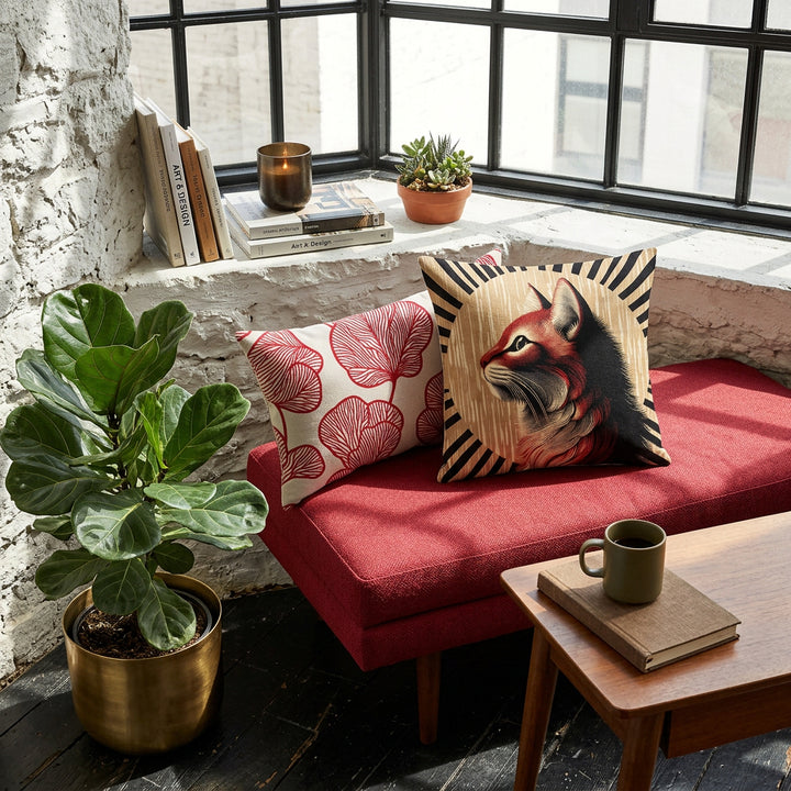 Photographie d’intérieur décoration de loft éclectique, banquette en twill rouge carmin orné d'un mix and match de 2 coussins mzelle design motif chat, adossé au mur sous une fenêtre industrielle, ficus dans un pot en laiton sur le sol, petite table d'appoint avec une tasse de café. 