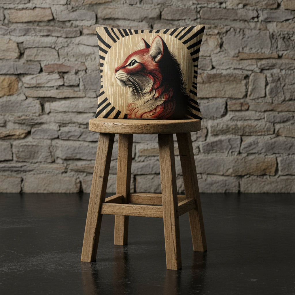 Photographie professionnelle qualité studio, d'un coussin mzelle design motif chat, exposé sur un tabouret style campagne en bois de chêne rustique disposé contre un mur de pierres rustique, sol en béton ciré noir.