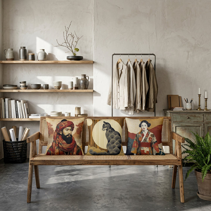 Photographie d’intérieur décoration de d'un concept store belgian-minimalist, gros plan sur une banquette rustique vue de face, en bois de manguier et cannelage, orné de 3 coussins mzelle design, thème japon et chat . 