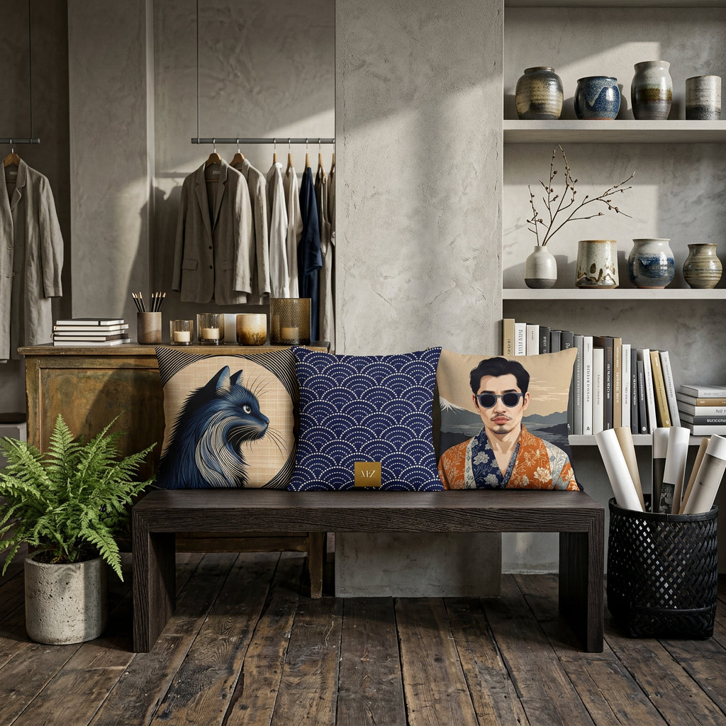 Photographie d’intérieur décoration de d'un concept store belgian-minimalist, gros plan sur une banquette japonaise vue de face, en bois de wengé orné de 3 coussins mzelle design tons bleu et beige.