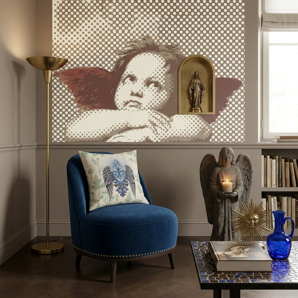 Photographie professionnelle décoration, fauteuil moderne orné d'un large coussin carré MZelle Design motif Ex Voto et herbier naturaliste, placé devant une fresque style graphique Pop Art représentant un angelot de Raphael, une Madone en laiton posée dans une niche, statue d'ange en pierre qui tient une bougie parfumée. Des Objets décoratifs sont disposés sur une table en mosaïque brun et bleu, sol en ciment brun foncé, grande lampe en laiton 1950 dans un coin. Ambiance invitante et intimiste.