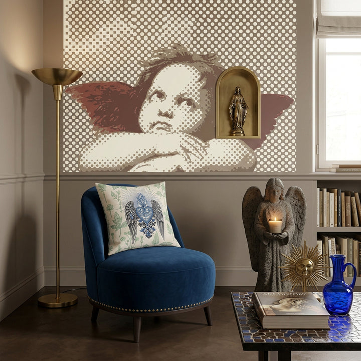 Photographie professionnelle décoration, fauteuil moderne orné d'un large coussin carré MZelle Design motif Ex Voto et herbier naturaliste, placé devant une fresque style graphique Pop Art représentant un angelot de Raphael, une Madone en laiton posée dans une niche, statue d'ange en pierre qui tient une bougie parfumée. Des Objets décoratifs sont disposés sur une table en mosaïque brun et bleu, sol en ciment brun foncé, grande lampe en laiton 1950 dans un coin. Ambiance invitante et intimiste.