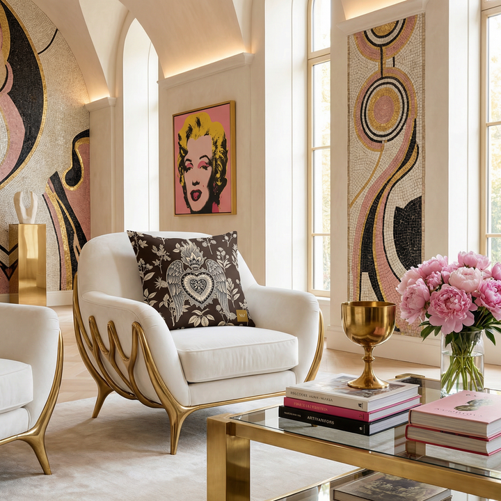 Photographie d’un salon lumineux. Vue de face d'un fauteuil en velours blanc au design futuriste et détails en laiton, orné d'un grand coussin carré avec un symbole d'ex voto, ambiance pop art sur les murs.