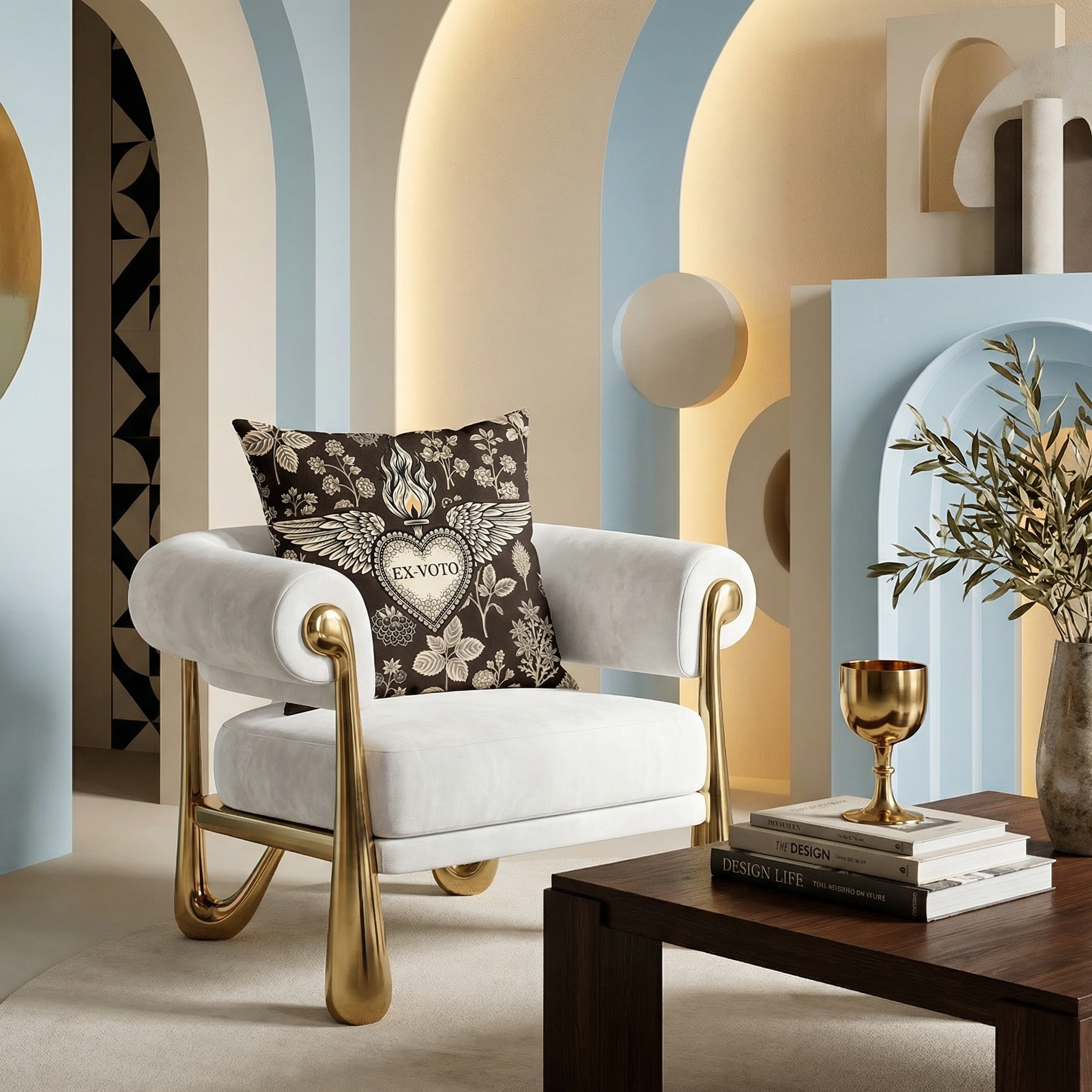 Photographie d’un salon lumineux. Vue de face d'un fauteuil en velours blanc au design futuriste et détails en laiton, orné d'un grand coussin carré avec un symbole d'ex voto, ambiance pop art sur les murs.