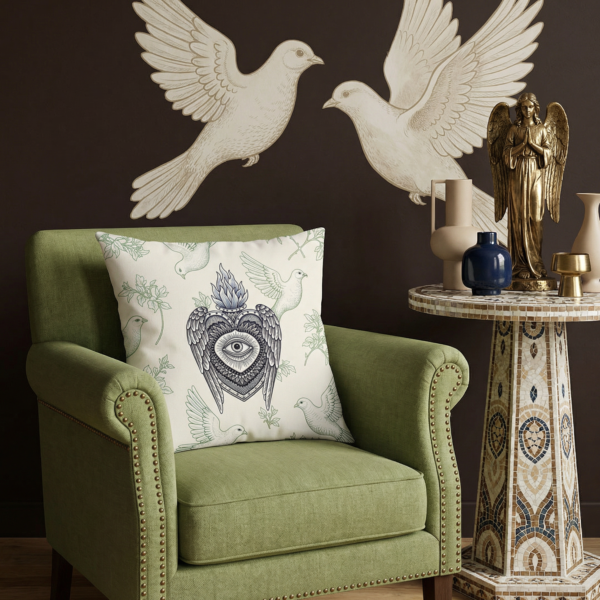 Photographie professionnelle, d'inspiration naturaliste, avec une touche artistique : vue de face d'un fauteuil néoclassique en lin vert avocato avec rivets en laiton, rehaussé d'un grand coussin au milieu avec un motif floral ex voto