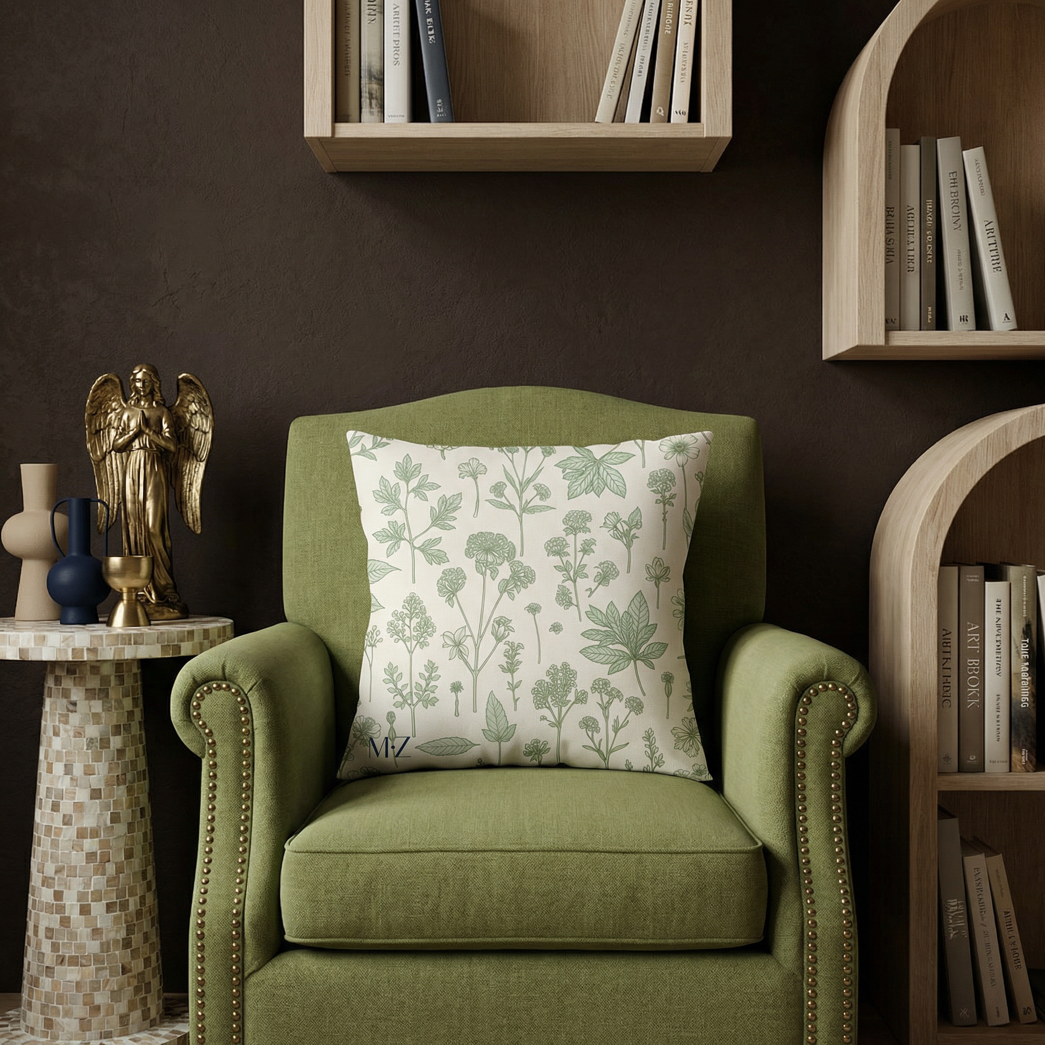 Photographie professionnelle, d'inspiration naturaliste, avec une touche artistique : vue de face d'un fauteuil néoclassique en lin vert avocato avec rivets en laiton, rehaussé d'un grand coussin au milieu avec un motif floral. 
