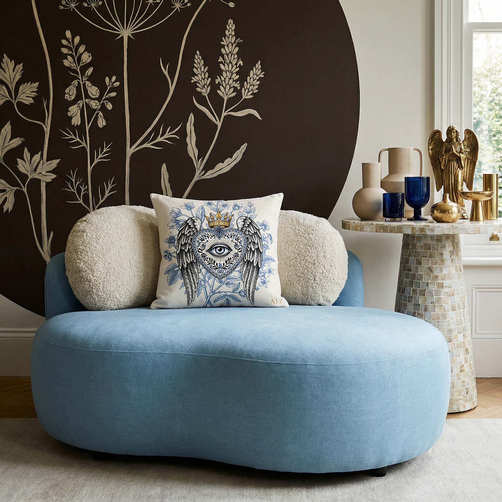 Photographie professionnelle, Intérieur conçu par un architecte, vue de face d'une méridienne en lin bleu glace au design arrondi audacieux, rehaussée par un large coussin au milieu et deux coussins arrondis en laine écru.