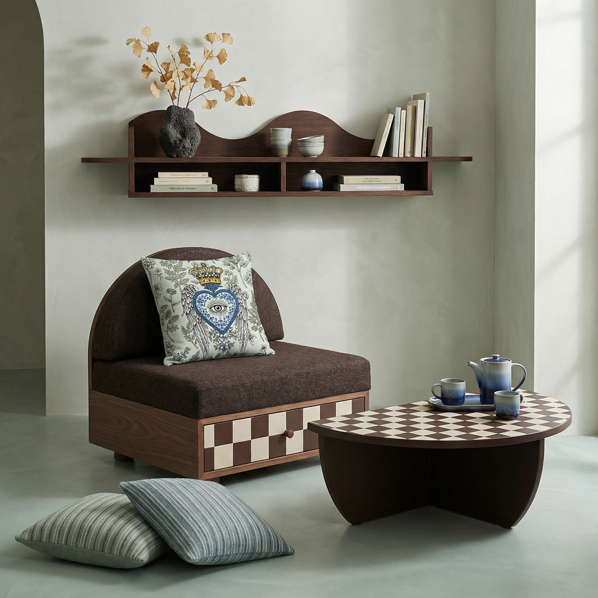 Vue d'un fauteuil contemporain sans accoudoirs orné d'un large coussin assises en tweed marron cacao foncé, piètement en bois avec tiroir peint en damier assorti, dossier demi-lune, lignes épurées. Table basse demi-lune en céramique à surface damier.