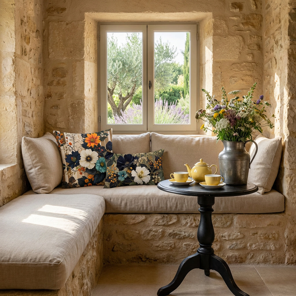Photographie professionnelle décoration d'une bastide provençale modernisée et ensoleillée, montrant deux coussins mzelle design, sur banquette en encastrée dans le mur formant une alcôve. Assises de lin écru, guéridon en bois peint noir, service à thé en porcelaine, bouquet de fleurs des champs.