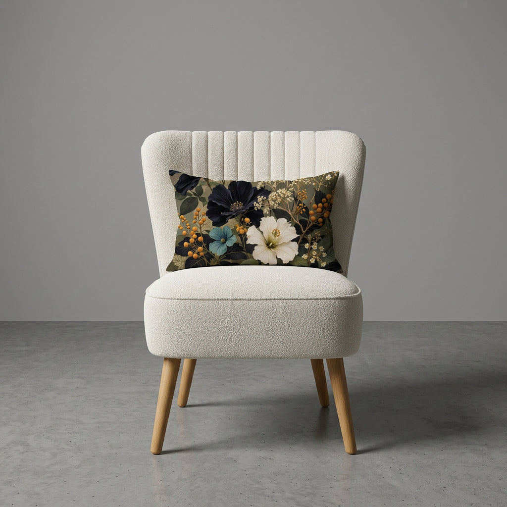 photographie professionnelle décoration de mobilier, fauteuil épuré de style crapaud écru capitonné avec un coussin mzelle design motif fleurs posé dessus, placé dans un décor neutre.