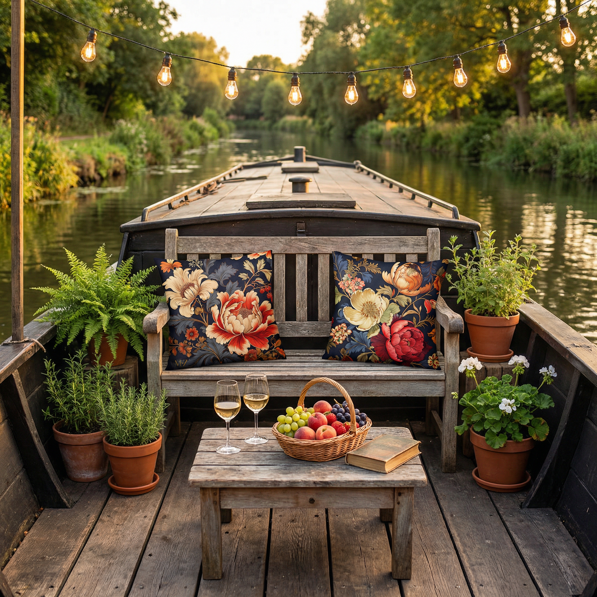 Photographie lifestyle, vue de face d'un banc rustique en bois recyclé, placé sur le pont avant d'une péniche d'été, Le banc est orné de 2 coussin carré fleuris.