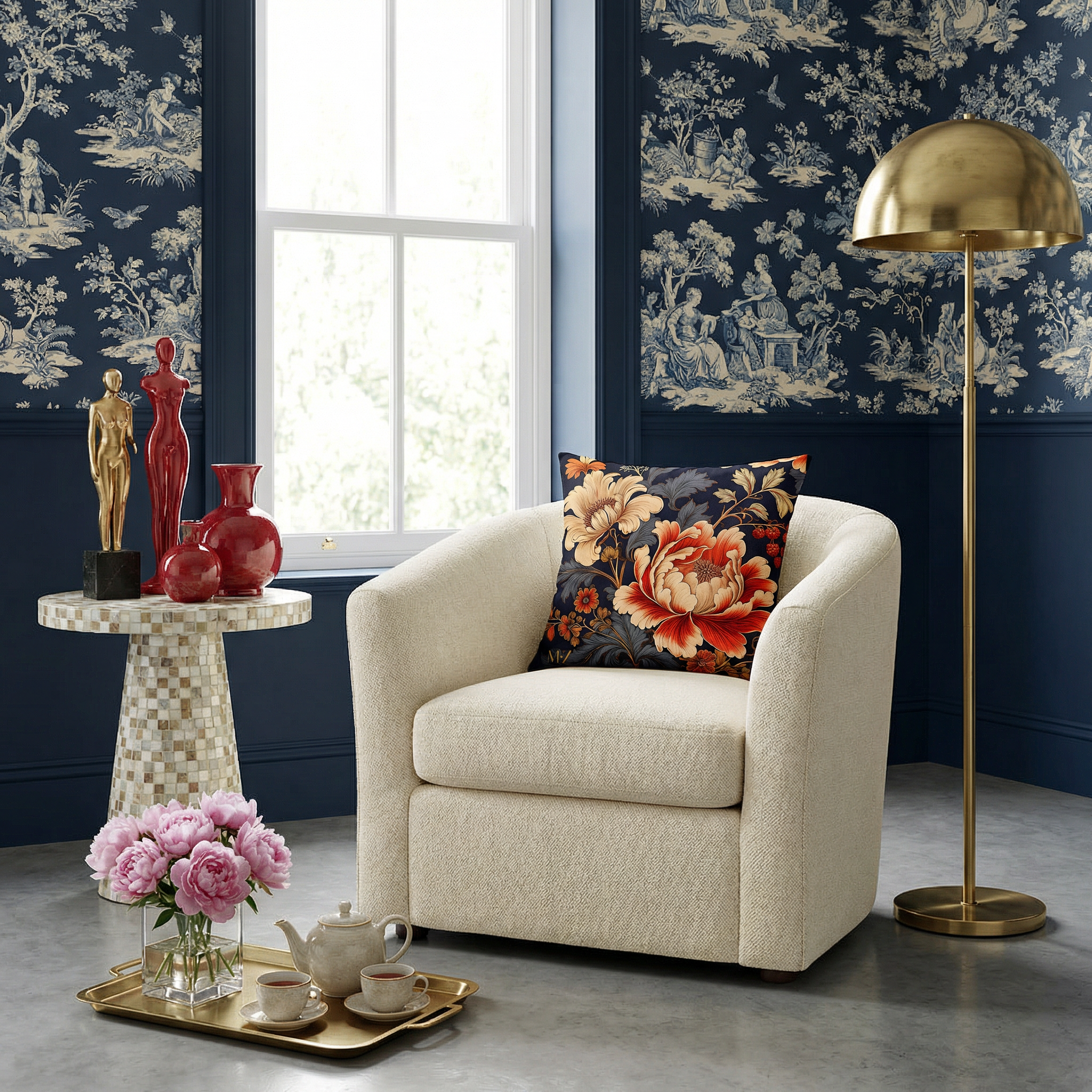 Intérieur d'un cottage sophistiqué et contemporain inspiré du naturalisme, avec une touche maximaliste et une banquette en lin crème rehaussée d'un superbe coussin coloré et fleuri.