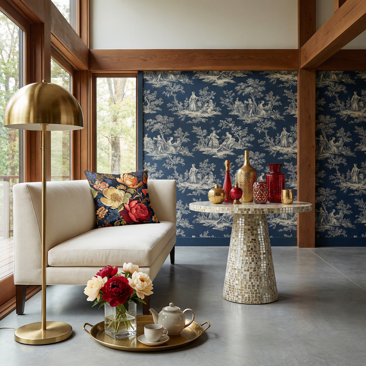 Intérieur d'un cottage sophistiqué et contemporain inspiré du naturalisme, avec une touche maximaliste et une banquette en lin crème rehaussée d'un superbe coussin coloré et fleuri.