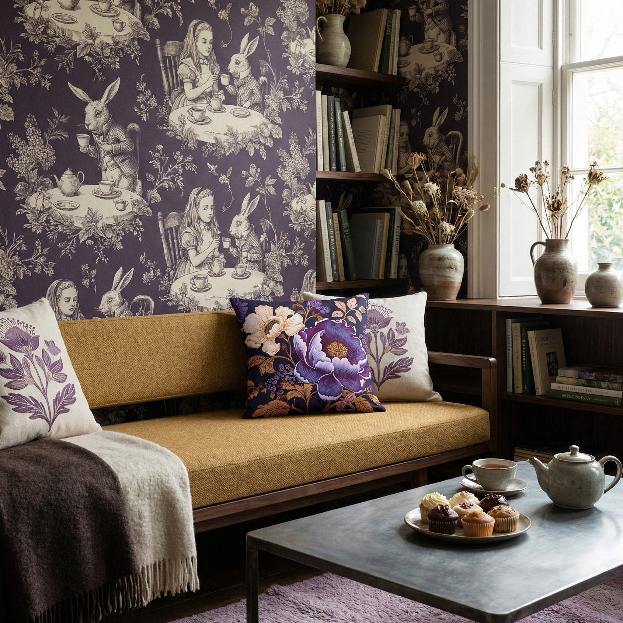 Photographie d'intérieur de style éditorial d'un salon de thé plein de caractère, papier peint violet foncé avec motif géant écru représentant Alice au pays des merveilles et le lapin blanc buvant du thé, avec une banquette moderne minimaliste en tweed ocre, structure en noyer foncé, ornée d'un coussin carré fleuri.