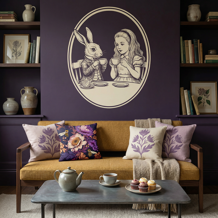 Photographie d'intérieur de style éditorial d'un salon de thé plein de caractère, papier peint violet foncé avec motif géant écru représentant Alice au pays des merveilles et le lapin blanc buvant du thé, avec une banquette moderne minimaliste en tweed ocre, structure en noyer foncé, ornée d'un coussin carré fleuri.