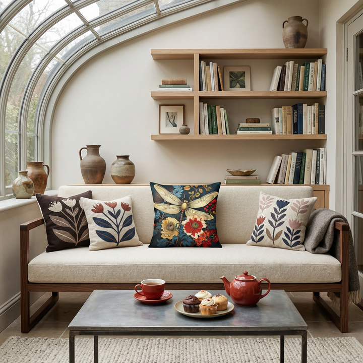 Photographie d'intérieur de style éditorial, terrasse pleine de caractère sous une verrière voûtée, vue de face d'un banc moderne minimaliste en tweed écru, structure en noyer foncé, orné d'un coussin carré libellule. Table basse en étain patiné, tasse de thé rouge et théière, assiette de cupcakes.
