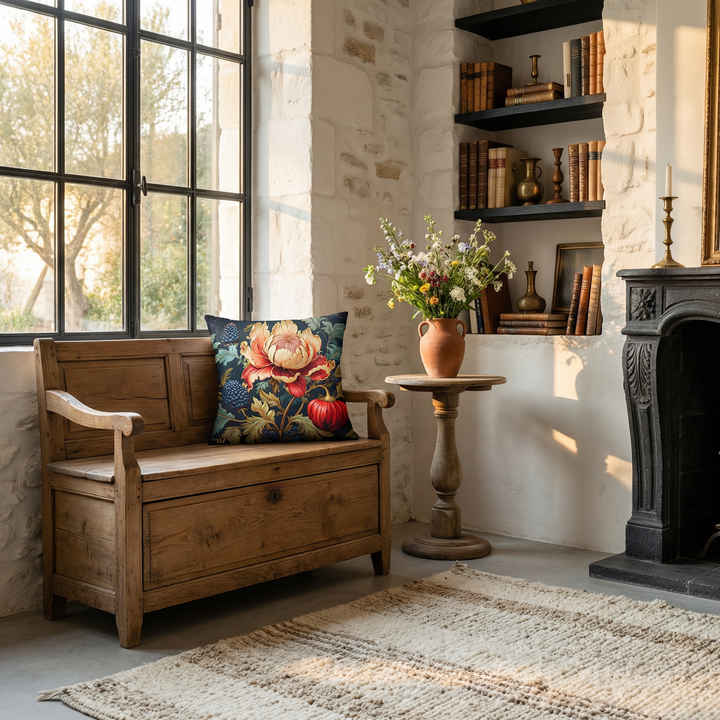 Photographe professionnel d'un coin lecture inspiré de l'esthétique Castlecore mêlée au design provençal. Vue rapprochée de face d'un banc médiéval en bois brut, ayant la forme d'une commode avec un tiroir, orné d'un coussin fleuri.