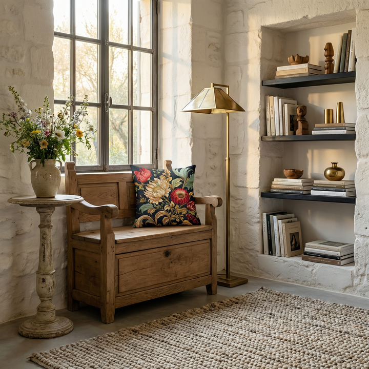 Photographe professionnel d'un coin lecture inspiré de l'esthétique Castlecore mêlée au design provençal. Vue rapprochée de face d'un banc médiéval en bois brut, ayant la forme d'une commode avec un tiroir, orné d'un coussin fleuri.