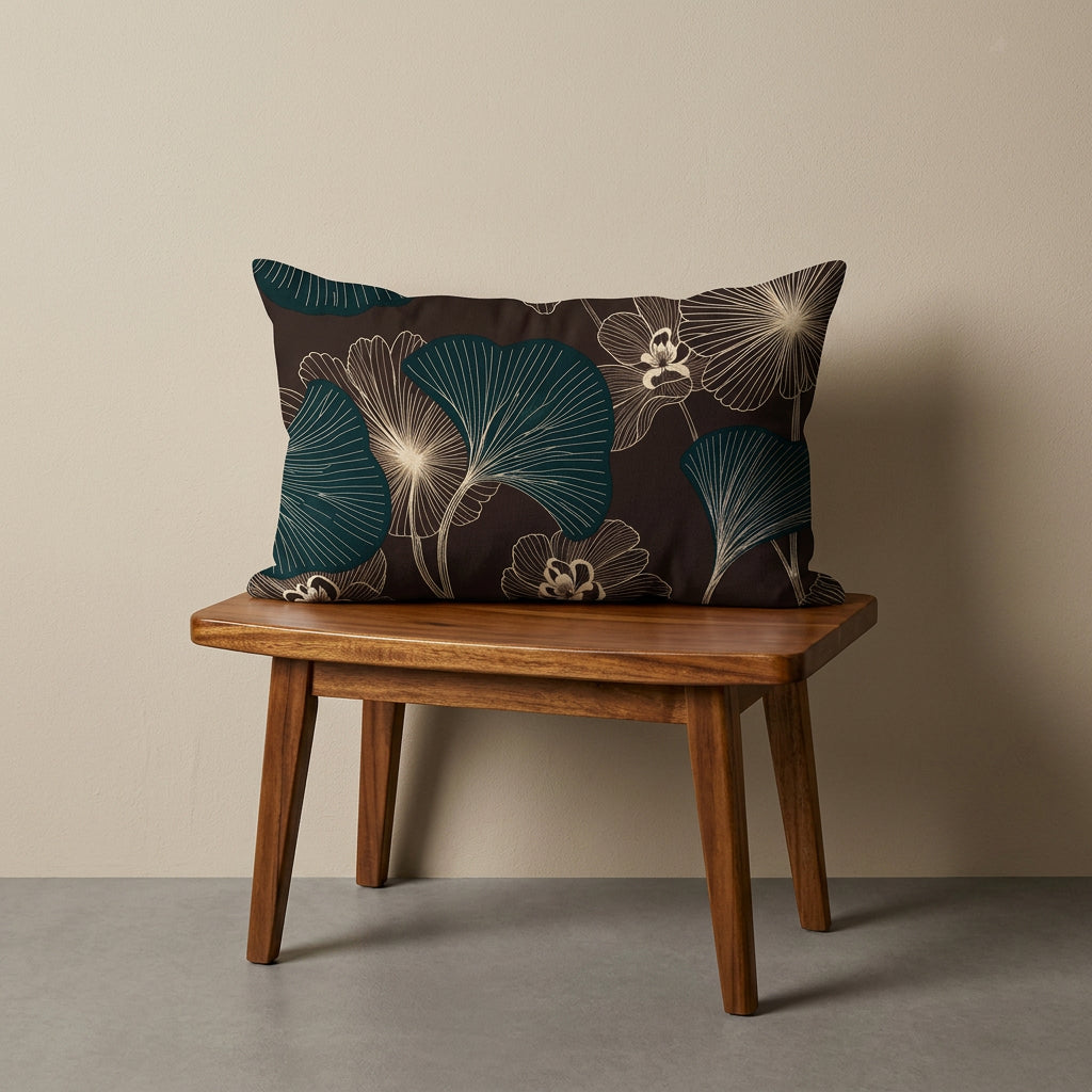 Photographie professionnelle décoration japandi, coussin mzelle design motif ginkgo, disposé sur un banc japonais moderne en bois de manguier laqué, assise en bois, disposé dans un décor beige neutre, sobre, sol en ciment couleur unie.