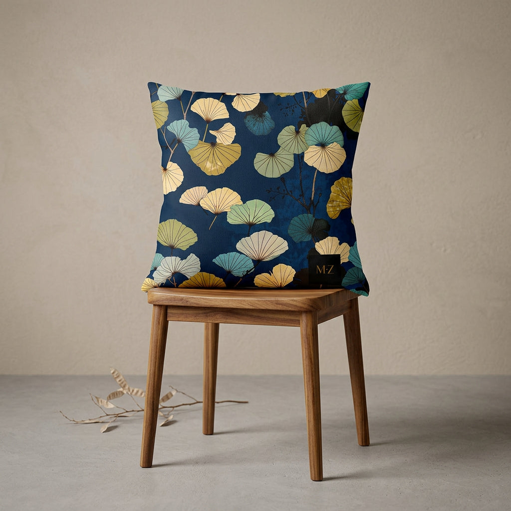 Photographie professionnelle décoration japandi, d'un coussin mzelle design motif ginkgo disposé sur un tabouret japonais moderne en bois d'acacia vernis disposé contre un mur, dans un décor beige neutre, sobre, sol en ciment couleur unie.