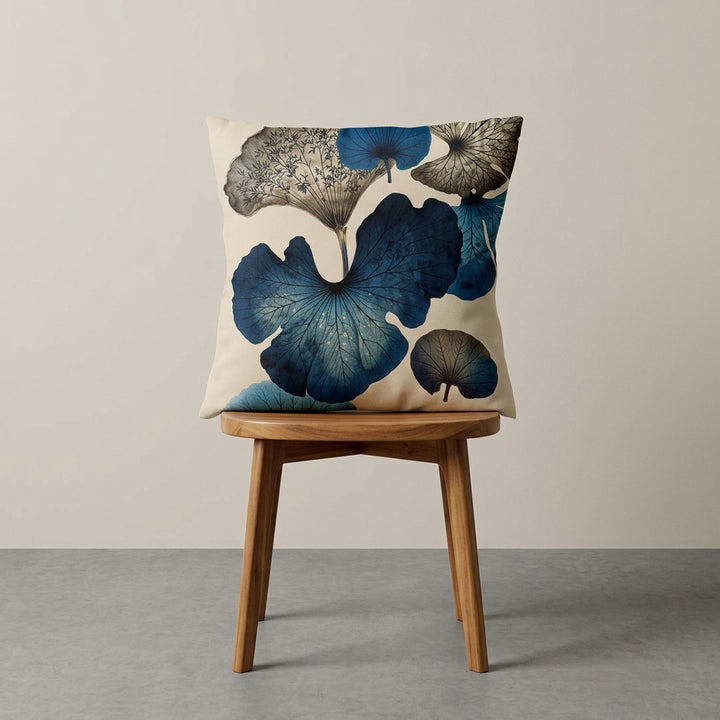 Photographie professionnelle décoration japandi, d'un coussin mzelle design motif ginkgo disposé sur un tabouret japonais moderne en bois d'acacia vernis disposé contre un mur, dans un décor beige neutre, sobre, sol en ciment couleur unie.