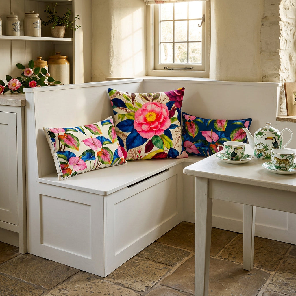 Photo professionnelle de décoration de  cuisine avec un angle aménagé style cottage anglais, avec une banquette-coffre moderne en bois blanc avec une   accumulation maximaliste de 3 coussins décoratifs mzelle design, sol en pierres , table assortie, garnie d'un service à thé en porcelaine fine. Atmosphère printanière raffinée.