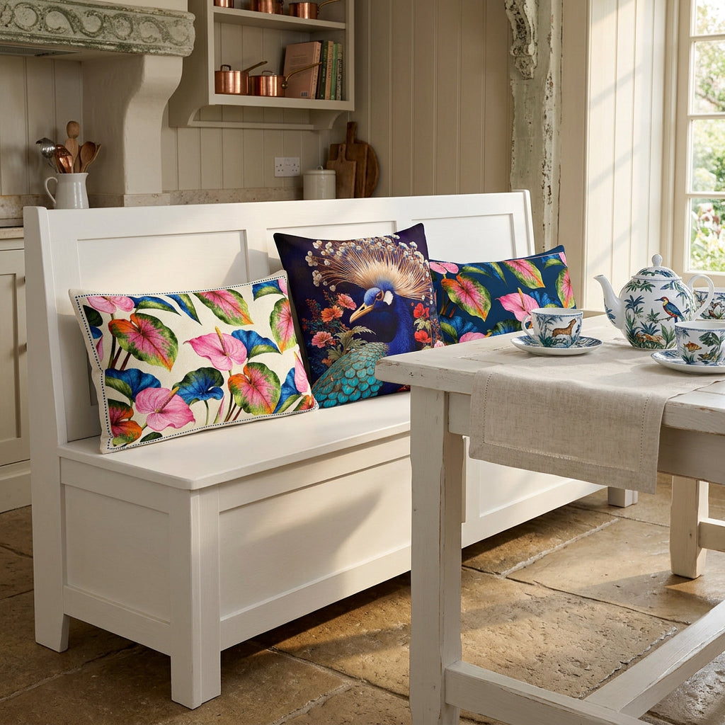 Photo professionnelle de décoration de  cuisine avec un angle aménagé style cottage anglais, avec une banquette-coffre moderne en bois blanc avec une   accumulation maximaliste de 3 coussins décoratifs mzelle design, sol en pierres , table assortie, garnie d'un service à thé en porcelaine fine. Atmosphère printanière raffinée.