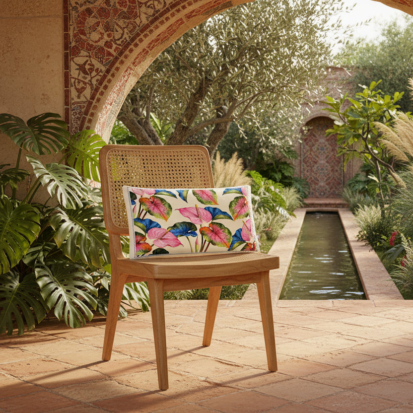 Photographie de décor extérieur, coussin rectangle mzelle design motif anthuriums, chaise cannage clair, sol en dalles carreaux en terre cuite espagnole, en arrière plan une arche en mosaiques  ouverte sur un jardin espagnol traversé par un étroit canal entouré de plantes, Monstera deliciosa, olivier, figuier et Cyperus papyrus.
