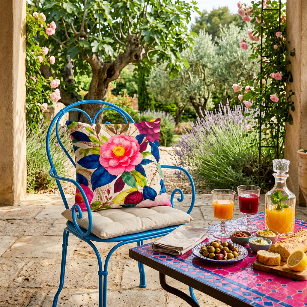 Photo professionnelle de décoration   french riviera, chaise en fer forgé bleu vif, sans accoudoirs, assise écru matelassée, orné d'un coussin mzele design motif fleurs, sol en pierres , table basse recouverte de mosaiques rose vif et bleu, garni de tapas et verre de jus de fruit,  jardin méditerranéen, figuier, olivier, lavande, rosier. Atmosphère estivale invitante et haut de gamme.
