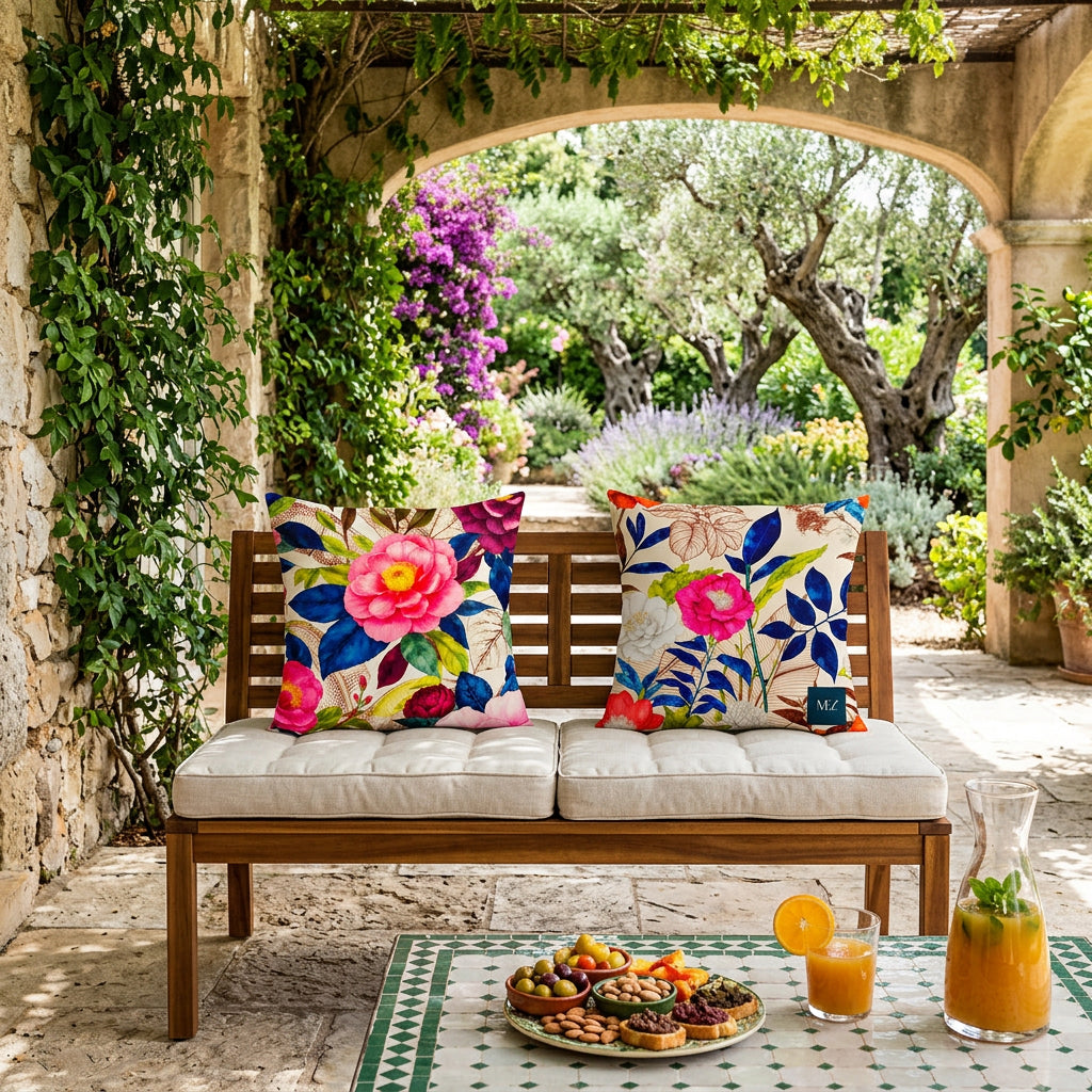 Photo professionnelle de décoration terrasse villa ambiance french riviera,  banquette moderne 2 places, en bois d'acacia, sans accoudoirs, ornée de deux coussins mzelle design imprimés fleurs acidulées, mur en pierres avec du lierre , sol en pierres, table basse recouverte de mosaiques vert et blanc, ambiance estivale.