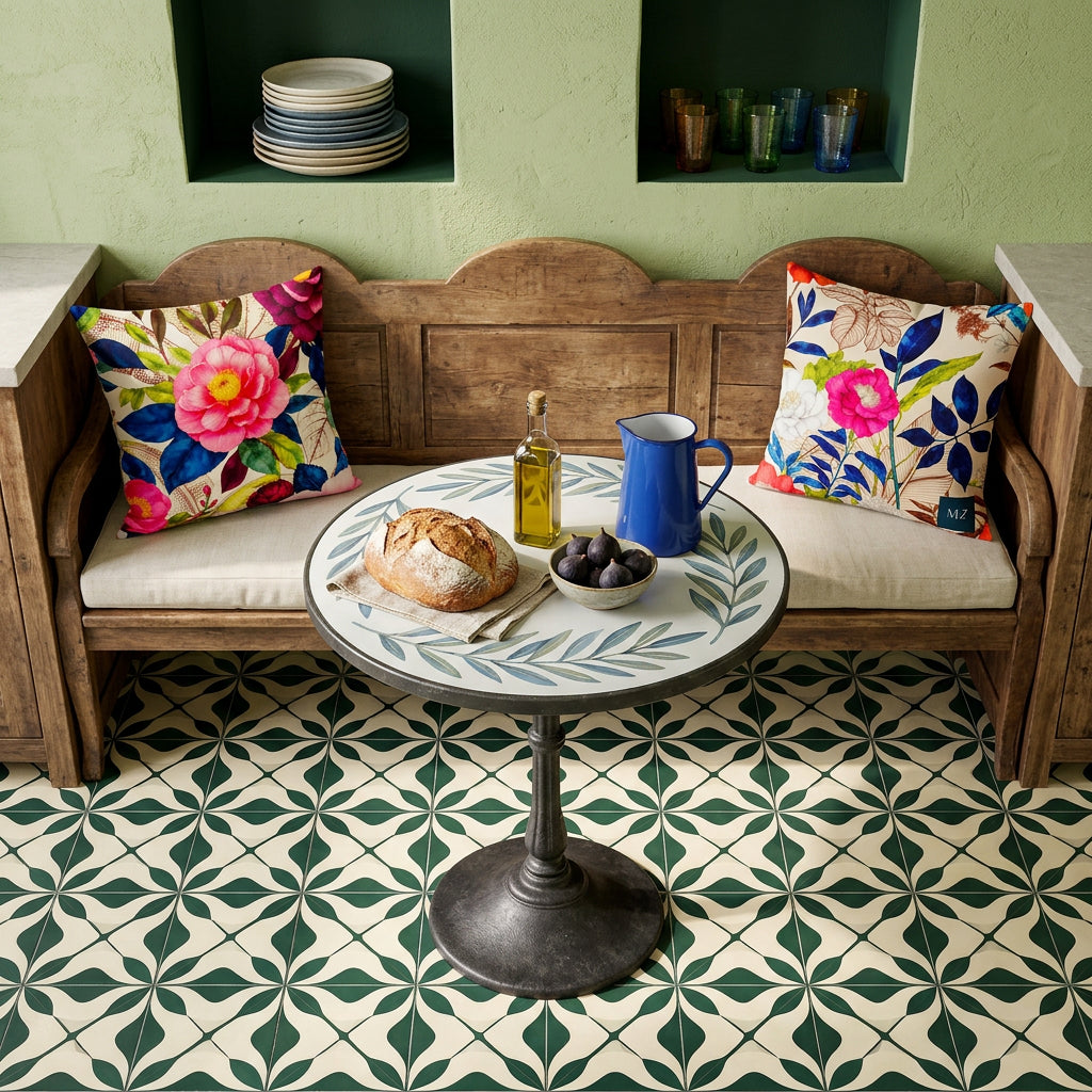 Photo professionnelle de décoration d'intérieur, cuisine de campagne du Perche,  banquette en bois de noyer vieilli, dossier en demi lune, assises de lin écru ornées de 2 larges coussins mzelle design motif floral, table de bistrot upscyclée ronde pied plein en fonte, plateau en métal émaillé motifs feuilles d'olivier.