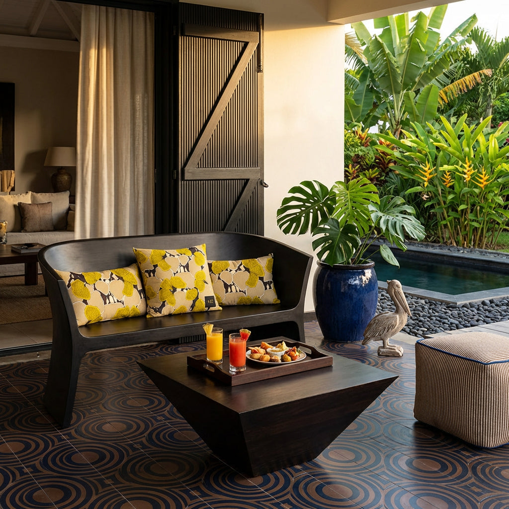 Photo lifestyle professionnelle décoration de villa créole avec une sublime banquette en ébène au design moderne, assise structure unie, ornée de trois coussins mzelle design, motifs floraux jaune et brun, table basse avec plateau contenant 2 verres de jus de fruit et une assiette de tapas. Portes en bois, aperçu d'un salon par de fins rideaux en lin, au sol un carrelage géométrique marron foncé et bleu marine. A côté d'un jardin tropical agrémenté d'une piscine moderne.