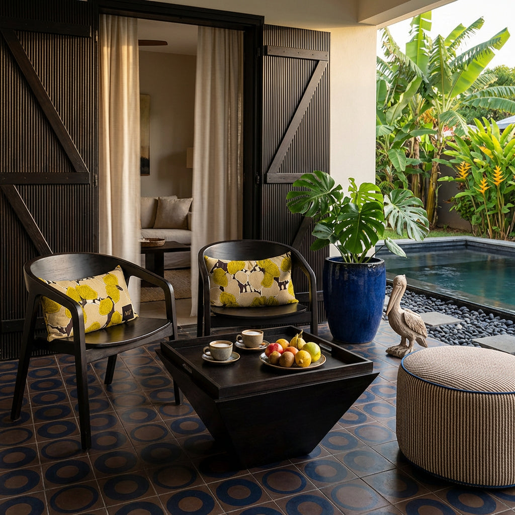 Photo lifestyle professionnelle décoration de villa créole avec 2  fauteuils en ébène au design moderne, assise structure unie, ornée de coussins rectangulaires mzelle design, motifs floraux jaune et brun, table basse avec plateau contenant 2 verres de jus de fruit et une assiette de tapas. Portes en bois, fins rideaux en lin, au sol un carrelage géométrique, pot de monstera, à côté d'un jardin tropical agrémenté d'une piscine moderne.