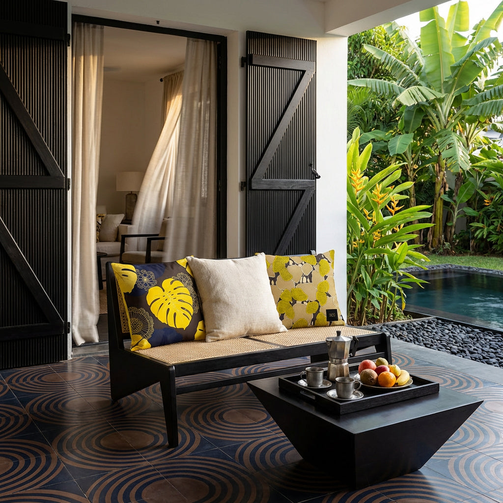 Photo lifestyle professionnelle décoration de villa créole avec une sublime banquette en ébène au design moderne, assise structure unie, ornée de trois coussins mzelle design, motifs floraux jaune et brun, table basse avec plateau contenant 2 verres de jus de fruit et une assiette de tapas. Portes en bois, aperçu d'un salon par de fins rideaux en lin, au sol un carrelage géométrique marron foncé et bleu marine. A côté d'un jardin tropical agrémenté d'une piscine moderne.