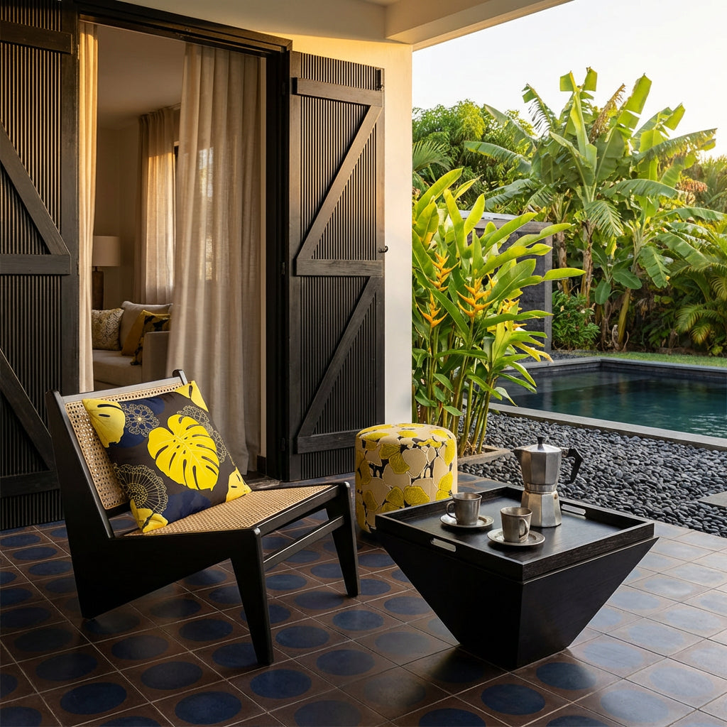 Photo lifestyle professionnelle décoration de villa créole avec un sublime fauteuil en ébène au design moderne, orné d'un beau coussin mzelle design, motifs floraux jaune et brun, table basse avec plateau . Portes en bois, aperçu d'un salon par de fins rideaux en lin, au sol un carrelage géométrique marron foncé et bleu marine. A côté d'un jardin tropical agrémenté d'une piscine moderne.