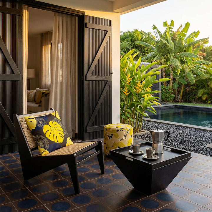 Photo lifestyle professionnelle décoration de villa créole avec un sublime fauteuil en ébène au design moderne, orné d'un beau coussin mzelle design, motifs floraux jaune et brun, table basse avec plateau . Portes en bois, aperçu d'un salon par de fins rideaux en lin, au sol un carrelage géométrique marron foncé et bleu marine. A côté d'un jardin tropical agrémenté d'une piscine moderne.