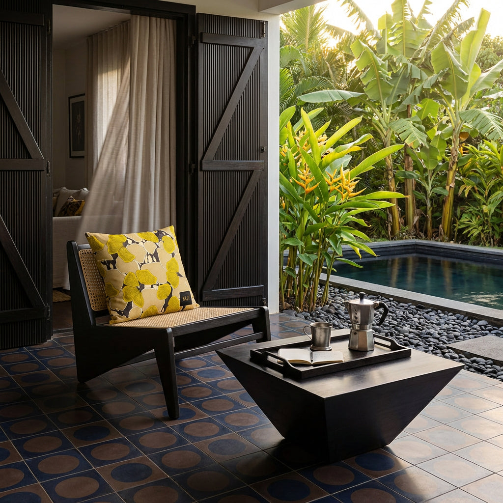 Photo lifestyle professionnelle décoration de villa créole avec un sublime fauteuil en ébène au design moderne, orné d'un beau coussin mzelle design, motifs floraux jaune et brun, table basse avec plateau . Portes en bois, aperçu d'un salon par de fins rideaux en lin, au sol un carrelage géométrique marron foncé et bleu marine. A côté d'un jardin tropical agrémenté d'une piscine moderne.