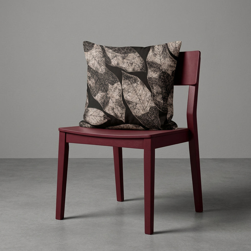 Photographie d'un grand coussin carré mzelle design motif graphique feuilles, disposé sur un fauteuil moderne en bois disposé sur un fond neutre, qualité studio photo.