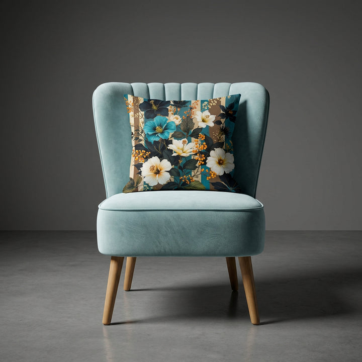 photographie professionnelle décoration de mobilier, fauteuil épuré de style crapaud capitonné avec un coussin mzelle design motif fleurs posé dessus, placé dans un décor neutre.