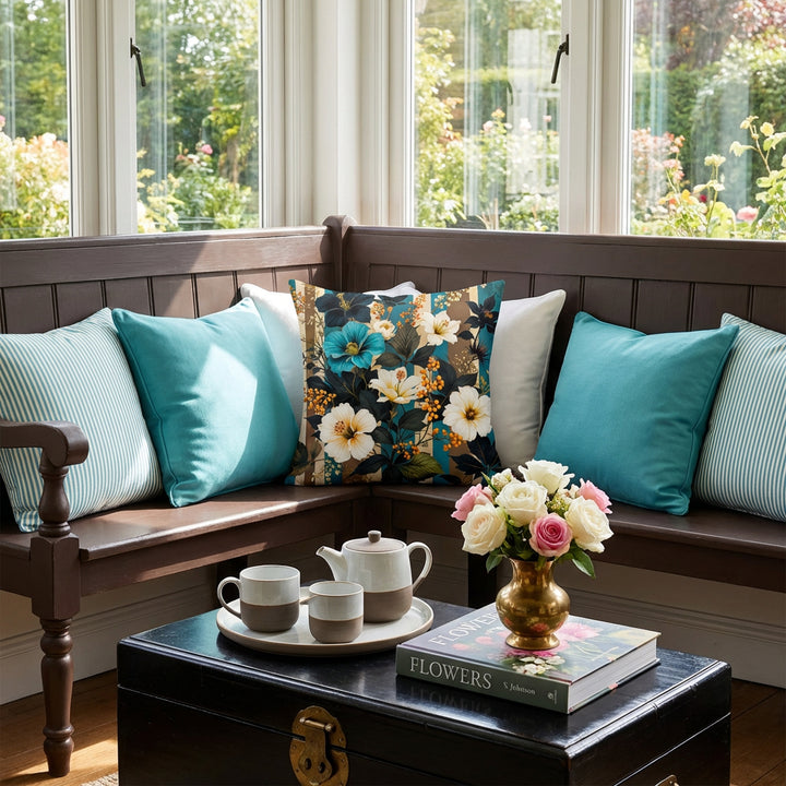 Photographie professionnelle décoration de cottage anglais, gros plan et vue de face sur un banc d'angle en bois de style romantique orné d'un coussin fleuri mzelle design au centre et autour des coussins unis ou finement rayés turquoise et blanc, un coffre laqué noir sert de table basse avec service à thé  et petit bouquet de roses.