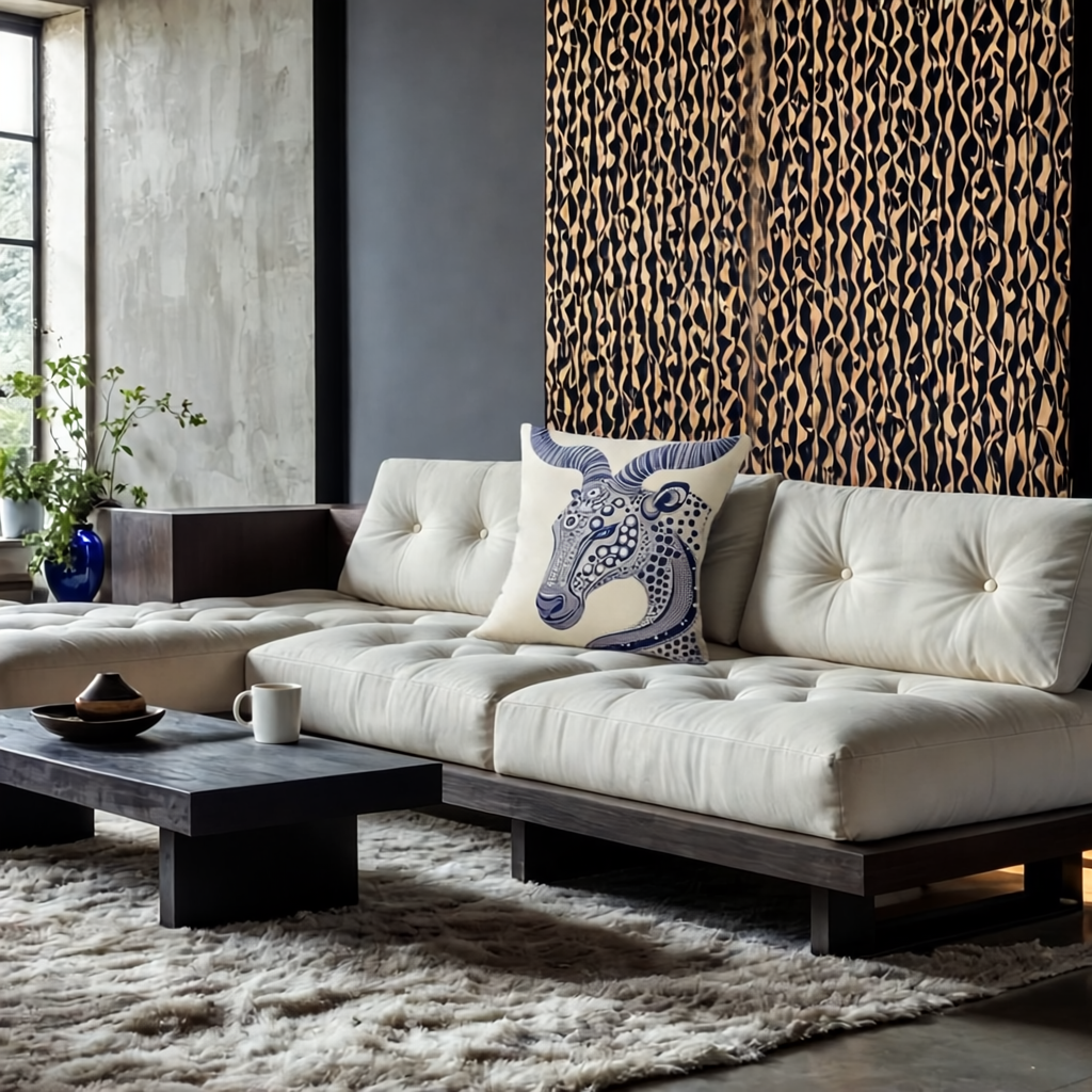 Housse de Coussin moderne de la marque MZelle Design, un Animal Totem graphique au trait bleu sur fond écru 