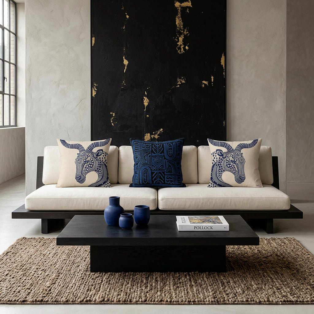 Photo professionnelle lifestyle esprit mix and match Belgian Minimalism, Japandi et Wabi-Sabi contemporain.
 grand canapé plateforme  en bois foncé et assises en twill ivoire capitonnés, orné de coussins mzelle design motif animalier stylisés. Murs minéraux texturés en enduit à la chaux et béton ciré gris perle, sublimés par une œuvre abstraite monumentale noire et or inspirée des galeries d'art contemporaines. Table basse monolithique en bois noirci, céramiques artisanales minimalistes bleu outremer. 